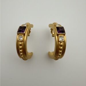 Vintage GIVENCHY Byzantine Amethyst & Crystal Clip On Hoop Earrings